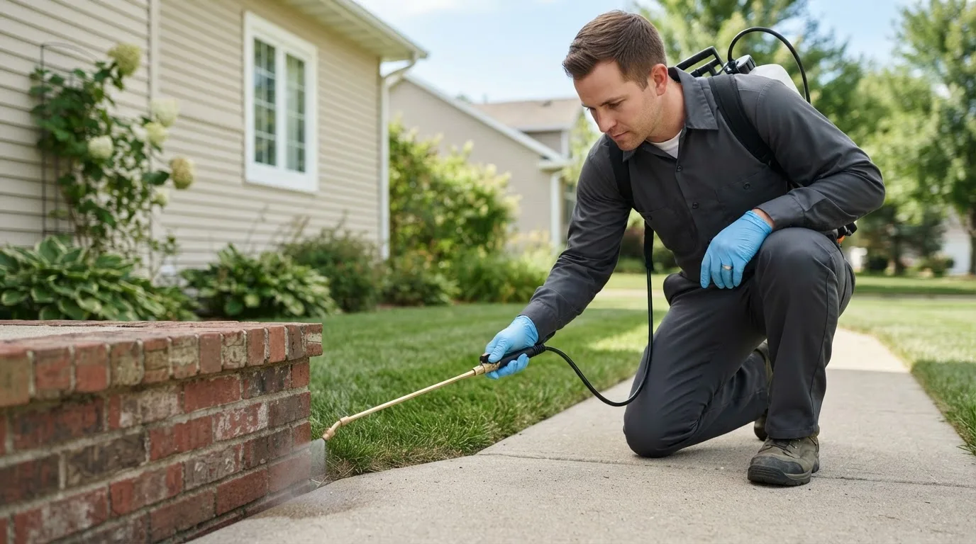 Pest control technician treating a home near Doucette, TX