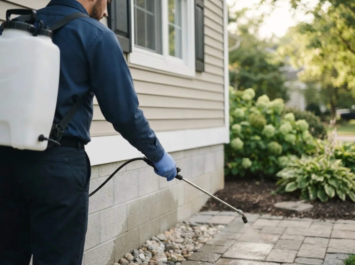 Pest control technician inspecting a home in Doucette, TX